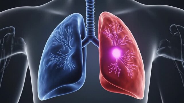 Detailed 3D animation of human lungs with one lung showing a glowing mass signifying a tumor or disease illuminated against a dark background