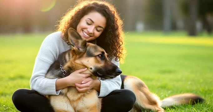 Smiling young woman affectionately hugs her german shepherd dog outdoors in a sunny park.