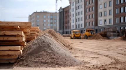 Fototapeta premium Construction site with piles of sand lumber and yellow hinery against a backdrop of unfinished buildings