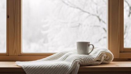 White mug on soft knitted blanket on wooden window sill with light brown window frames and snow covered winter trees outside