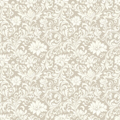Seamless vintage damask wallpaper featuring a floral pattern with ornate vector leaf ornaments in a classic baroque style for textile and decor illustration