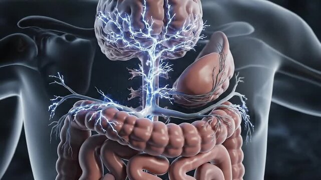 Detailed 3D Human Anatomy of Digestive System Brain Lungs and Nervous System with Blue Electrical Impulses in Dark Background