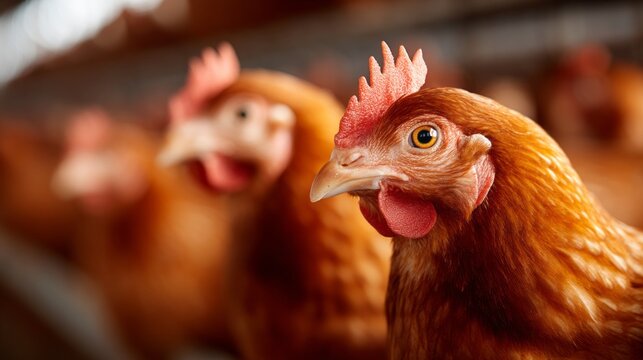 Inside a warm henhouse, a group of hens sits comfortably, their feathers shimmering in soft light. They cluck gently, creating a serene atmosphere in their eco-friendly home