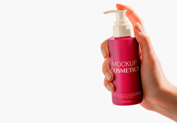 Cosmetic Pump Bottle Mockup Held In Woman