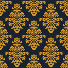 This elegant gold damask pattern features intricate floral and ornamental details, perfect for fabric pattern, wallpaper, textiles, branding, luxury packaging, wedding invitations, and decor.