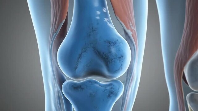 Detailed 3D medical animation of a healthy knee joint showing bone cartilage and muscle structures with dynamic fluid simulation in a neutral gray
