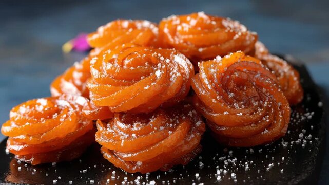 Pile of Golden Jalebi on a Black Slate Plate Dusted with White Sugar Against Dark Blue Background