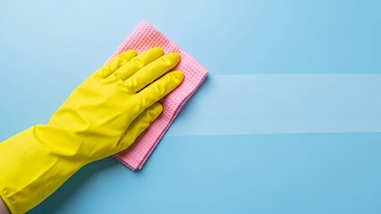 yellow gloved hand holding pink cloth wiping light blue surface leaving clean stripe isolated on blue