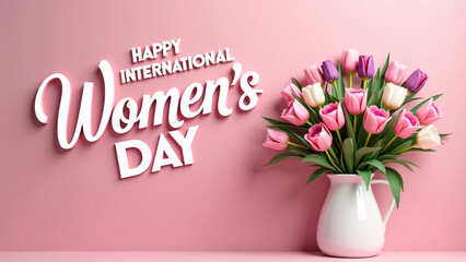 A white vase of tulips blooms beside bold pink wishes for International Women's Day celebration.
