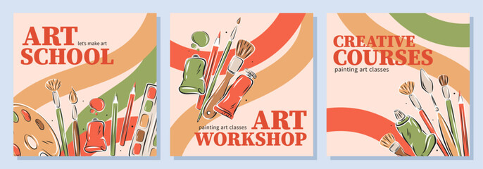 Art school, Creative courses, Art workshop. Set banner with art tools, creative hobby accessories. Vector illustration for poster, cover, advertisement.
