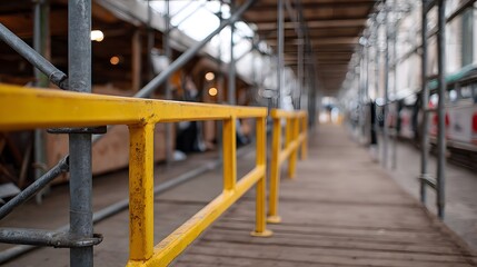 A yellow safety barrier runs along a temporary construction walkway under scaffolding leading into the distance with a shallow depth of field