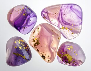 Polished, colorful, translucent stones with gold flecks on white