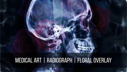 Human Skull X-ray with Floral Overlay Medical Art.