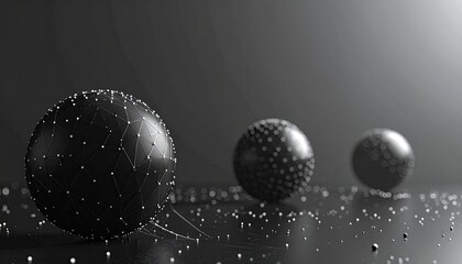 Three black spheres with detailed surface structures on reflective surface