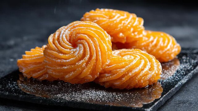 Close Up of Jalebi on a Black Plate with Powdered Sugar Against a Dark Background with Warm Lighting and Intricate Spiral Design Emphasizing Golden Color and Textural Detail