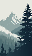 Fototapeta premium Majestic Minimalist Mountain Landscape with Dense Pine Forest Illustration - Serene Nature Scenery
