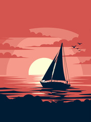 Fototapeta premium Vibrant vector illustration of a peaceful sailboat gracefully cruising on the tranquil ocean at sunset, with stunning reflections and clear skies