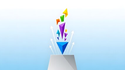 Colorful Arrows Rising from Funnel on White Background.