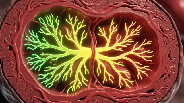 Detailed Close-up Of A Cross Section Of A Placenta Showing Branching Umbilical Cord Vessels With Nutrient Exchange Glowing Green And Yellow Against
