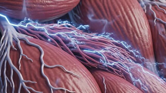 Detailed Close Up Of Muscle Fibers With Electric Energy Pulses Showing Neuromuscular Junction Activity And Blood Vessels Under Dynamic Lighting
