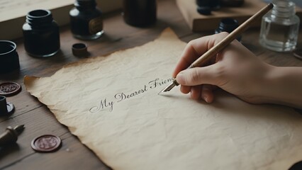 Hand Writing on Old Parchment with Quill Pen.