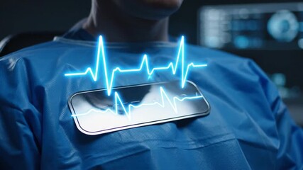 Digital Heartbeat Monitor Overlay on Medical Professional in Surgical Gown Demonstrating Vital Sign Tracking Technology - Powered by Adobe