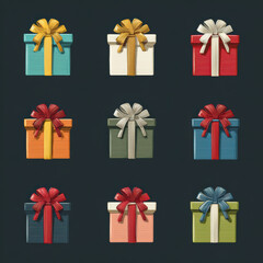 Colorful Gift Box Icons with Ribbons on Dark Background
