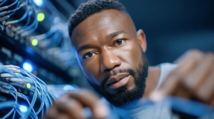 A focused African American man kneels beside a server rack, connecting cables with precision. The data center is filled with blinking lights, showcasing a bustling technological environment