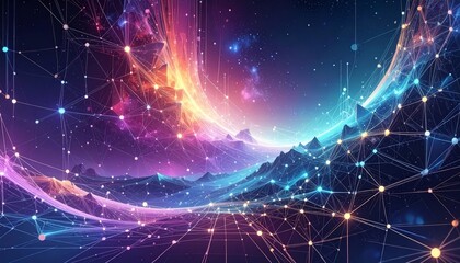 A magic glowing galaxy design featuring shiny blue stars and energy network patterns across a dark universe space background