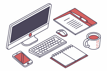 Office Workspace Objects Illustration  Flat Vector Vector Illustration Isolated on White Background