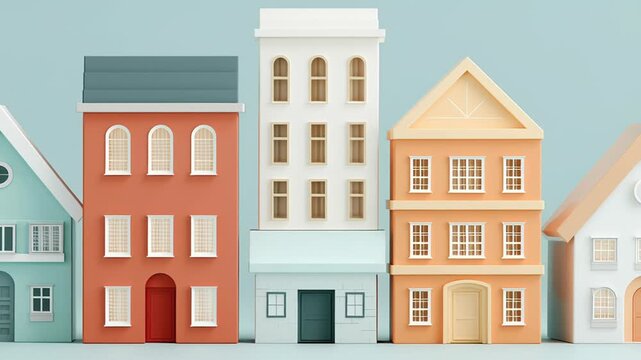 A row of colorful houses with a tree in front of them. First time home buyer market concept, modest modern houses symbolizing entry-level ownership, clean commercial editorial style