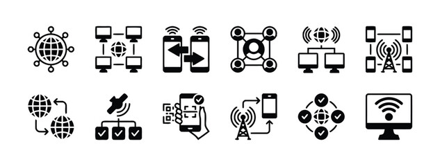 Modern global networking icons depicting diverse connectivity methods for worldwide communication and digital data exchange solutions