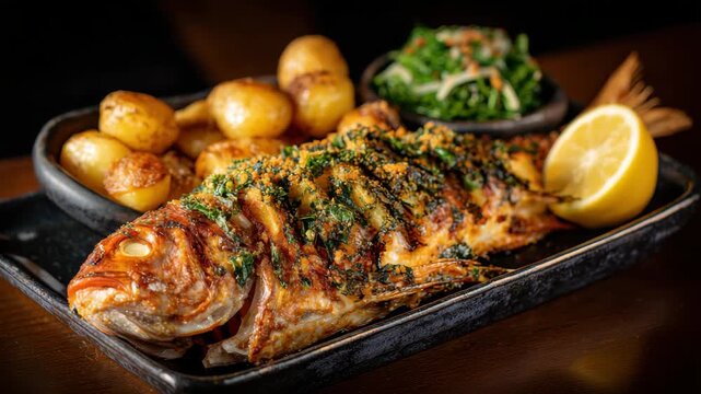 Gourmet Baked Red Snapper with Herbs and Lemon Garnishment Served on Rustic Black Tray Next to Roasted Potatoes and Green Salad on Dark Wooden Table Top