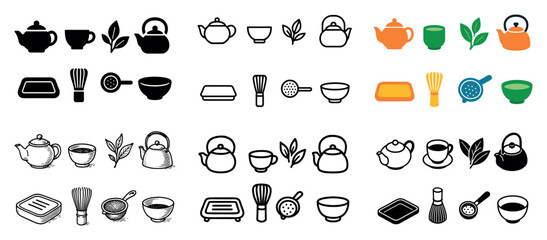 Tea set icons with cups and leaves
