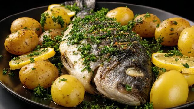 Plated Whole Grilled Fish with Yellow Potatoes Lemon Slices and Fresh Green Herbs on a Dark Plate Set Against a Plain Black Background in Natural Lighting Close Up