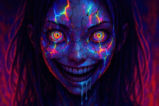 Terrifying Cracked Face Portrait with Hypnotic Spiraling Neon Eyes and Grin