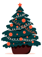 Christmas tree in the pot with toys,  star, tinsel. Vector illustration. Perfect for a postcard or poster for winter holidays