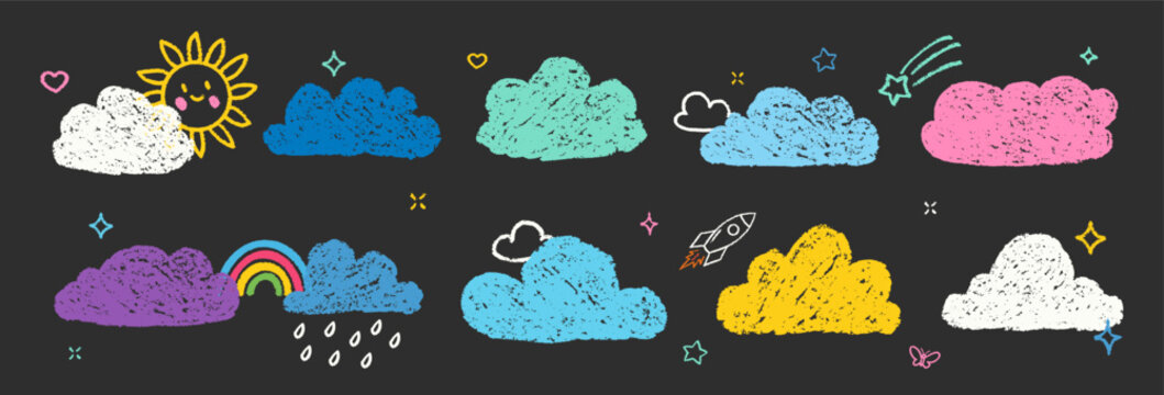 Crayon Clouds Bubbles Vector Set. Chalk Scribble Foggy Shapes Collection. Black Hand Drawn Brush Texture Star, Sun, Cloud, Rain Pencil Emphasis Elements. Charcoal Doodle Sky Balloons Bundle. Isolated