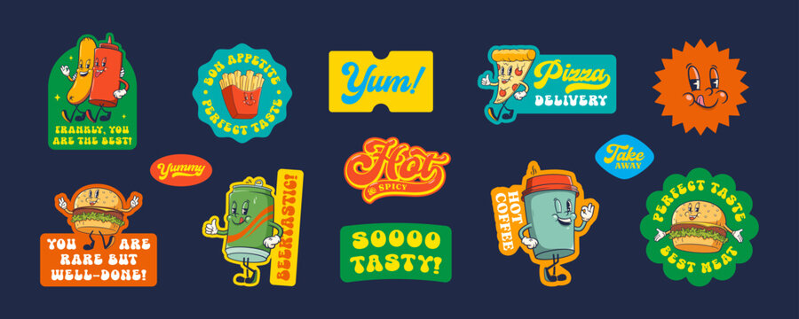 Groovy Burger Retro Character Stickers Set. Cartoon Hamburger, Taco, Coffee, Pizza and Beer. Vector Street Food Mascot Templates Patches Collection. Vintage Fast Food Illustrations Isolated