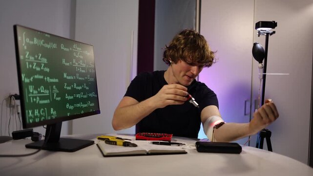 Athlete tests glowing recovery arm device while tracking neural data in home lab with digital equations tools and focused biohacking for faster muscle healing