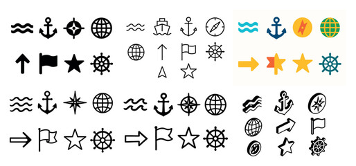 Nautical icons set in various styles