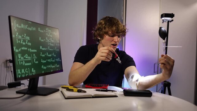 Young engineer fine tunes glowing arm implant while coding neural systems in futuristic home lab with digital equations tools and intense experimental focus for breakthrough