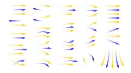Air flow arrows vector icon set with blue cold wind streams, fresh water direction, and filter or air conditioner system infographic elements, transparent motion and rotation symbols.