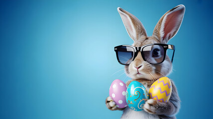 Fashionable easter bunny with sunglasses and colorful eggs