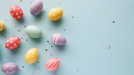 Colorful easter eggs on a light blue background with sprinkles