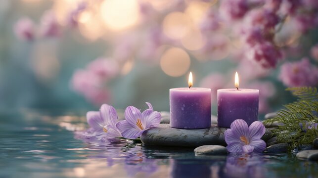 Tranquil spa composition with glowing purple candles, spring flowers, and zen stones on water. Relaxing wellness background with soft bokeh.