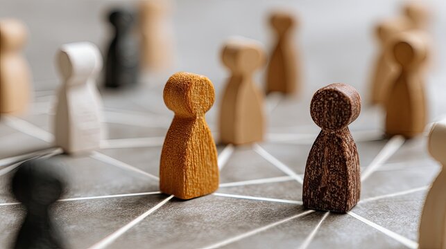 Wooden figures connected with lines illustrating business and networking concept