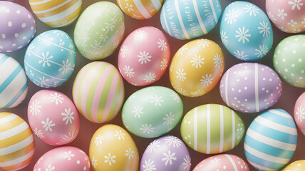 Vibrant easter eggs in pastel colors with stripes and dots