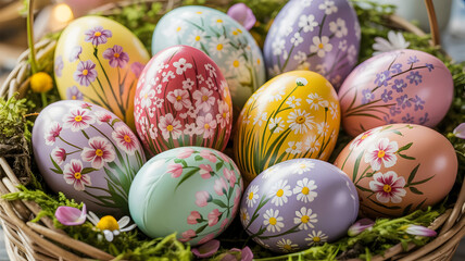 Fototapeta premium Vibrant easter eggs in a woven basket with floral patterns