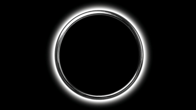Bright glowing metallic ring with intense halo effect on a deep black background. Abstract silver circle of light.